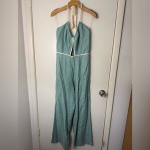 Hevron Cecily mint aqua green linen halter rope tie low back jumpsuit 6